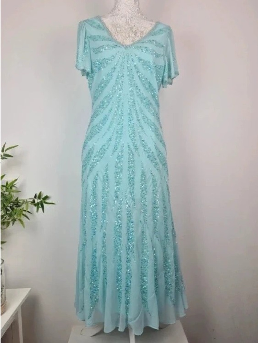 Sequin Embellished Aqua Maxi Dress with Flutter Sleeves